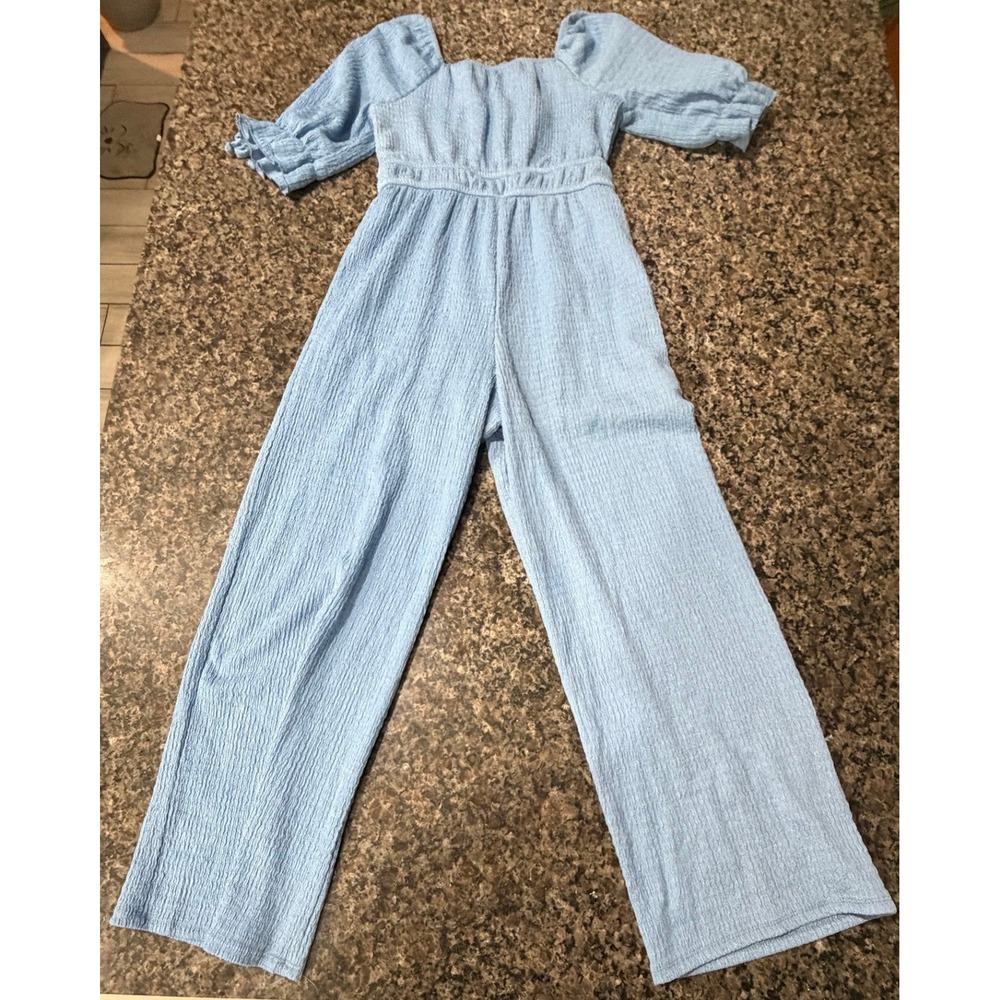 Trixxi Girl Kids Blue Textured‎ Wide Leg Jumpsuit Puff Sleeve Size S T5B427STLI